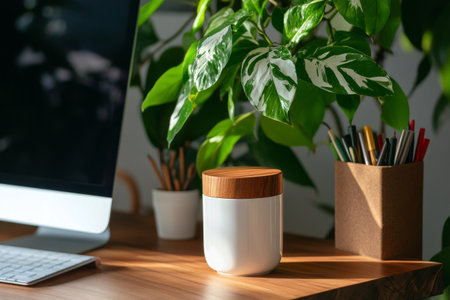 Bright sunlight illuminates a workspace with a sleek white container and a vibrant green plant. A computer and office supplies are neatly arranged on the wooden desk.の素材