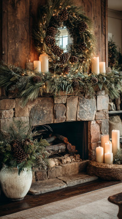 A warm fireplace adorned with pinecones and greenery creates a cozy ambiance. Lit candles and lanterns add a festive touch, making it perfect for winter gatherings.の素材