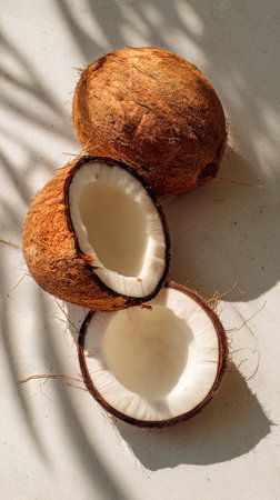 Fresh coconuts sit on a surface, one halved to reveal its white flesh. Soft natural light creates delicate shadows, enhancing the tropical feel of this delicious fruit.の素材