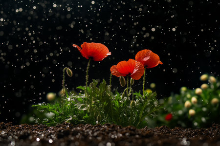 Bright red poppies stand tall amidst falling rain, glistening with droplets. Soft bokeh lights in the background enhance the tranquil twilight atmosphere.の素材