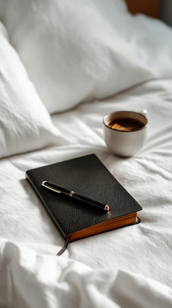 A black notebook sits open on a soft bed alongside a cup of steaming coffee. Sunlight gently illuminates the cozy space, creating a warm and inviting atmosphere for reflection.の素材