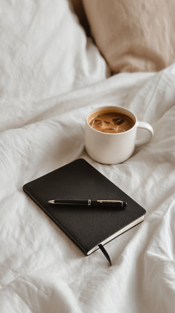 A black notebook lies open on a bed, accompanied by a pen and a white cup of coffee. Morning sunlight filters through, creating a warm and inviting atmosphere.の素材