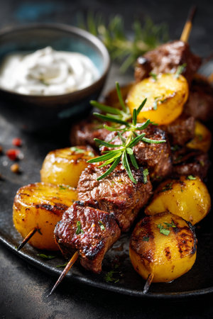 Delicious skewers featuring marinated beef and grilled potatoes are garnished with fresh herbs. A creamy dipping sauce adds flavor, perfect for a summer barbecue.の素材