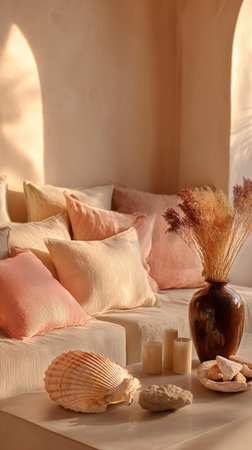 A cozy living room features soft pastel cushions on a white sofa, complemented by a clay vase filled with dried flowers and natural decor elements for a calming look.の素材