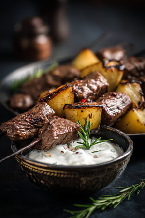 Juicy skewers featuring tender meat and golden potatoes are beautifully grilled and garnished with fresh rosemary, served alongside a creamy sauce in a bowl.の素材