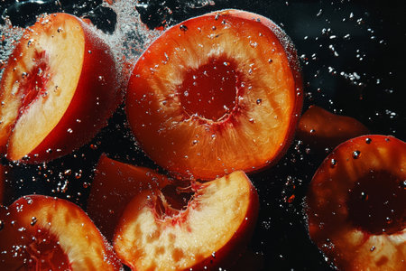 Slices of red peaches drop into clear water, causing splashes and bubbles. The scene captures the vibrant colors and texture of the fruit, highlighting freshness and juiciness.の素材