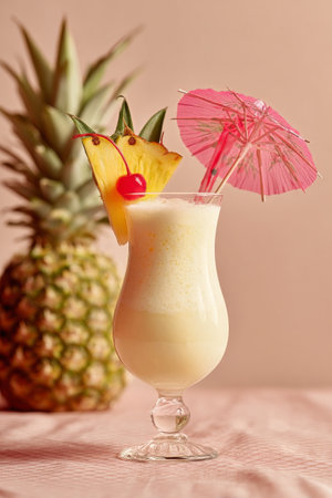 A tropical cocktail showcases a creamy drink in an elegant glass, garnished with a pineapple slice and cherry, while a fresh pineapple stands in the background.の素材