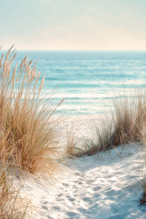A serene sandy path winds through tall grass, leading to a peaceful beach with gentle waves under a clear blue sky. This scene captures the essence of relaxation and nature.の素材