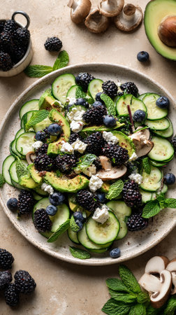 A vibrant salad of sliced cucumbers, creamy avocado, and a mix of blackberries and blueberries, topped with fresh mint. Perfect for a light meal or side dish.の素材