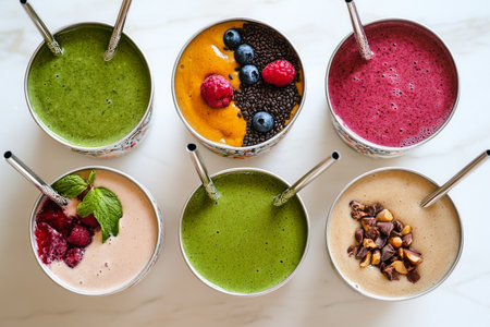Six colorful smoothie bowls are arranged on a marble countertop, each adorned with fresh fruits, seeds, and greens, showing a variety of flavors and textures for a nutritious snack.の素材