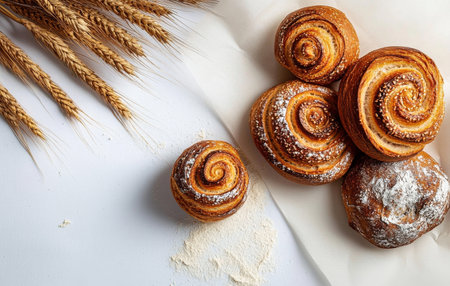 Sweet rolls are arranged beautifully with a golden crust and flaky layers, alongside wheat stalks and crumbs. A mouthwatering treat perfect for breakfast or dessert.の素材