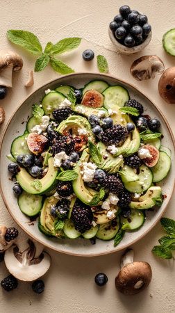 A vibrant salad displayed on a round plate includes sliced cucumbers, creamy avocados, blueberries, blackberries, and mint leaves, showing a healthy and fresh meal.の素材