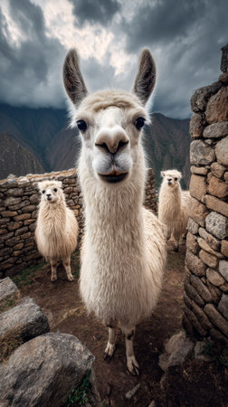 Three llamas gaze curiously at the camera, surrounded by rocky walls in a mountainous area. Dark clouds loom above, creating a dramatic backdrop for this natural setting.の素材