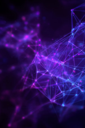 Bright colors create an abstract geometric design featuring interconnected lines and glowing nodes, showing the beauty of digital networking in a dark background.の素材