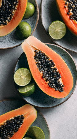 Ripe papaya halves with black seeds sit next to fresh lime slices on round plates. The vibrant colors create a visually appealing and healthy food arrangement.の素材