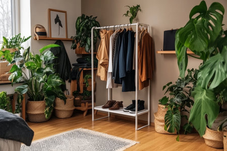 A well-decorated room features a clothing rack displaying a variety of stylish garments, surrounded by vibrant houseplants and wooden shelves. Natural light brightens the inviting space.の素材