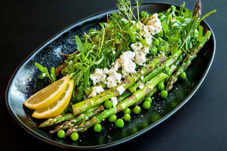 A vibrant salad featuring fresh asparagus, green peas, and lemon slices is beautifully arranged on a black platter.の素材