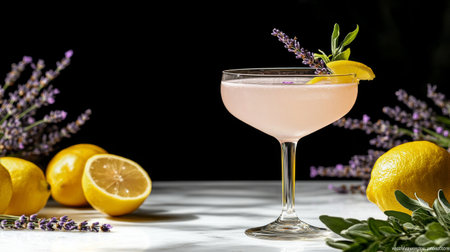 A lavender cocktail sits elegantly in a coupe glass, garnished with a lemon slice. Fresh lemons and lavender sprigs surround the drink on a marble countertop, creating a vibrant ambiance.の素材