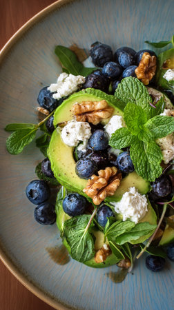 A vibrant salad featuring sliced avocado, fresh blueberries, walnuts, and mint leaves on a rustic plate. Perfect for a healthy lunch or side dish during the summer.の素材