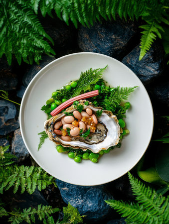 A beautifully plated fresh oyster sits atop a vibrant mix of peas and greens, accompanied by pink rhubarb and white beans on a rustic stone surface.の素材