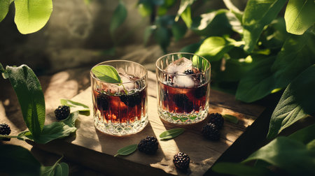 Two glasses of berry cocktails sit on a wooden surface, filled with dark liquid and ice. Fresh leaves and berries enhance the natural setting, creating a vibrant atmosphere.の素材