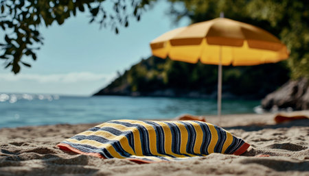 A sunny beach setting features a colorful towel on soft sand, with pastries resting on it. The calm ocean waves and bright sunshade create a perfect atmosphere for relaxation.の素材