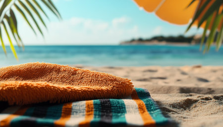 A sunny beach day shows a yellow towel on a striped blanket, with a vibrant umbrella providing shade. Gentle waves and clear skies complete the tranquil atmosphere.の素材