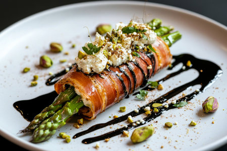 Asparagus spears are delicately wrapped in prosciutto and topped with creamy cheese, garnished with nuts and balsamic drizzle, creating an appetizing culinary delight.の素材