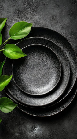 Elegant black plates are stacked neatly, surrounded by fresh green leaves, creating a minimalistic and stylish dining atmosphere perfect for special occasions.の素材