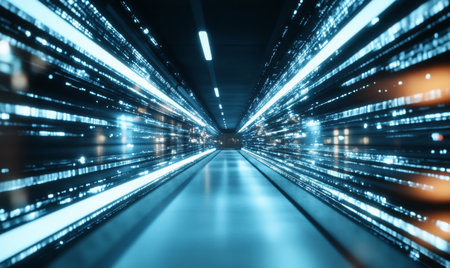 Bright lights streak down a high-tech corridor, creating an illusion of speed and movement. The setting evokes a sense of advanced technology and exploration.の素材