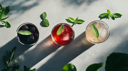 Two glasses of berry cocktails sit on a wooden surface, filled with dark liquid and ice. Fresh leaves and berries enhance the natural setting, creating a vibrant atmosphere.の素材