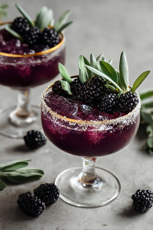 A vibrant blackberry cocktail is served in a crystal glass, garnished with fresh sage leaves and whole blackberries, showing a rich color and enticing look.の素材