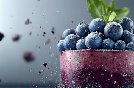 A vibrant dessert made with blueberries and garnished with mint leaves.の素材