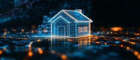 A futuristic house design is showcased, glowing with blue lines and surrounded by shimmering circuits. This digital representation highlights modern architecture and technology at night.の素材
