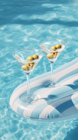 Two cocktails with olives rest on a blue striped float while crystal clear water glistens under bright sunlight, creating a relaxing summer ambiance.の素材