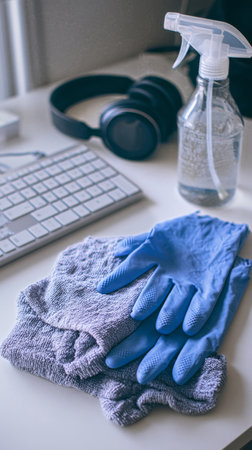 A pair of blue rubber gloves and a cleaning cloth lie on a desk next to a keyboard and a spray bottle, indicating preparation for cleaning and organizing a workspace.の素材