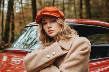 A woman with wavy hair wears a warm hat and a stylish coat, standing confidently next to a classic red car in a vibrant autumn forest, surrounded by colorful leaves.の素材
