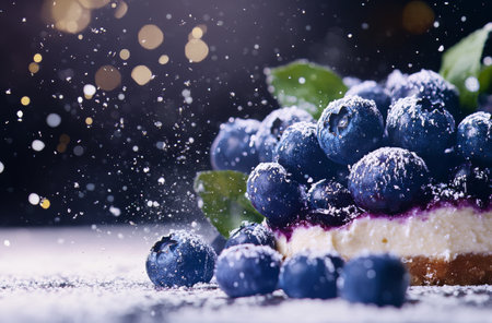 A delicious blueberry cheesecake topped with fresh blueberries and a dusting of powdered sugar is placed on a dark surface. Soft bokeh lights add a warm atmosphere.の素材