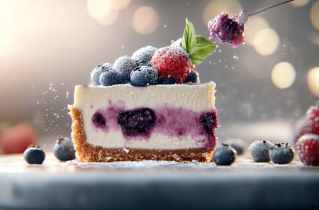 A delicious blueberry cheesecake topped with fresh blueberries and a dusting of powdered sugar is placed on a dark surface. Soft bokeh lights add a warm atmosphere.の素材