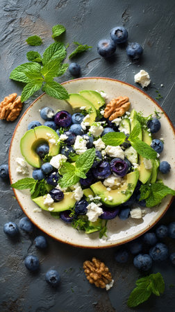 A vibrant salad featuring sliced avocado, fresh blueberries, walnuts, and mint leaves on a rustic plate. Perfect for a healthy lunch or side dish during the summer.の素材