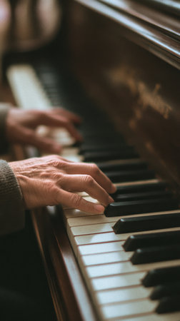 A person plays the piano with focus and passion. The warm light highlights their hands as they move over the old keys, creating a serene musical atmosphere.の素材
