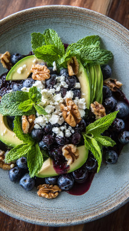 A vibrant salad features fresh avocado slices, juicy blueberries, creamy feta cheese, and crunchy walnuts, garnished with mint leaves.の素材