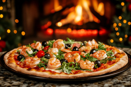 Freshly baked pizza topped with shrimp, olives, and arugula sits on a table in front of a warm, glowing fireplace, creating a cozy winter atmosphere.の素材