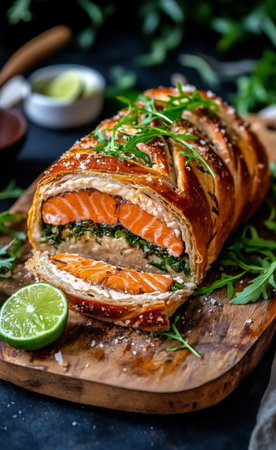 Colorful salmon Wellington garnished with fresh herbs and lime sits on a wooden board, showing casing layers of flaky pastry and tender salmon with greens.の素材