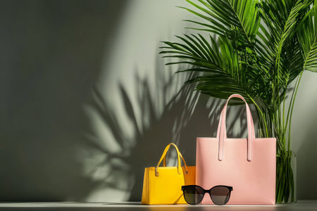Two fashionable bags in yellow and pink sit on display, complemented by sleek sunglasses. A vibrant palm leaf casts playful shadows on the wall, creating a chic atmosphere.の素材