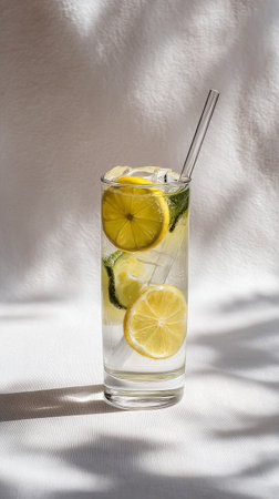A tall glass filled with lemonade and fresh lemon slices sits against a warm, soft background. A straw adds to the inviting look of this refreshing drink in bright sunlight.の素材