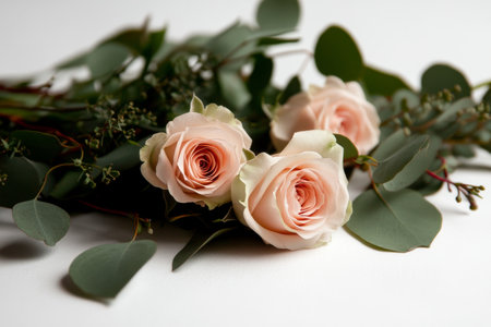 Three soft pink roses are surrounded by lush green eucalyptus leaves, creating an elegant floral arrangement suitable for a spring celebration or decoration.の素材