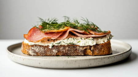 This culinary features delight a thick slice of bread topped with cream cheese, savory ham, and fresh dill, creating an appetizing presentation suitable for brunch.の素材