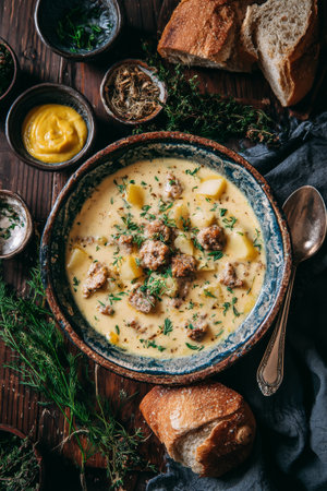 Creamy sausage and potato soup is served in a dark wooden bowl, garnished with fresh herbs and accompanied by crusty bread and condiments on a rustic table.の素材
