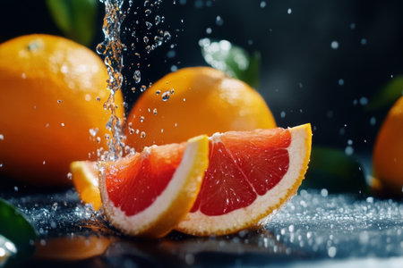 Slices of a ripe orange sit next to a whole fruit, glistening with water droplets that add freshness. This composition highlights the fruits juicy texture and vibrant color.の素材